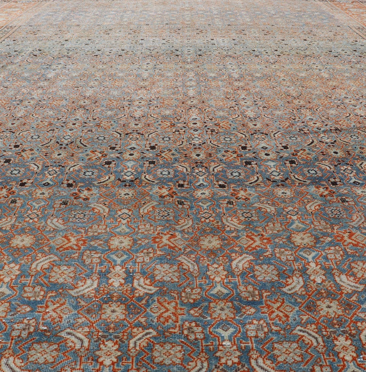 Measures: 7'5 x 11'1 Antique Persian Tabriz with Sub - Geometric Herati Design in Orange and Blue. Keivan Woven Arts/rug TU - MTU - 15161, country of origin / type: Persian / Tabriz, circa 1910s. This antique Persian Tabriz rug features an all - over, s... - Keivan Woven ArtsTU - MTU - 15161 - 22075