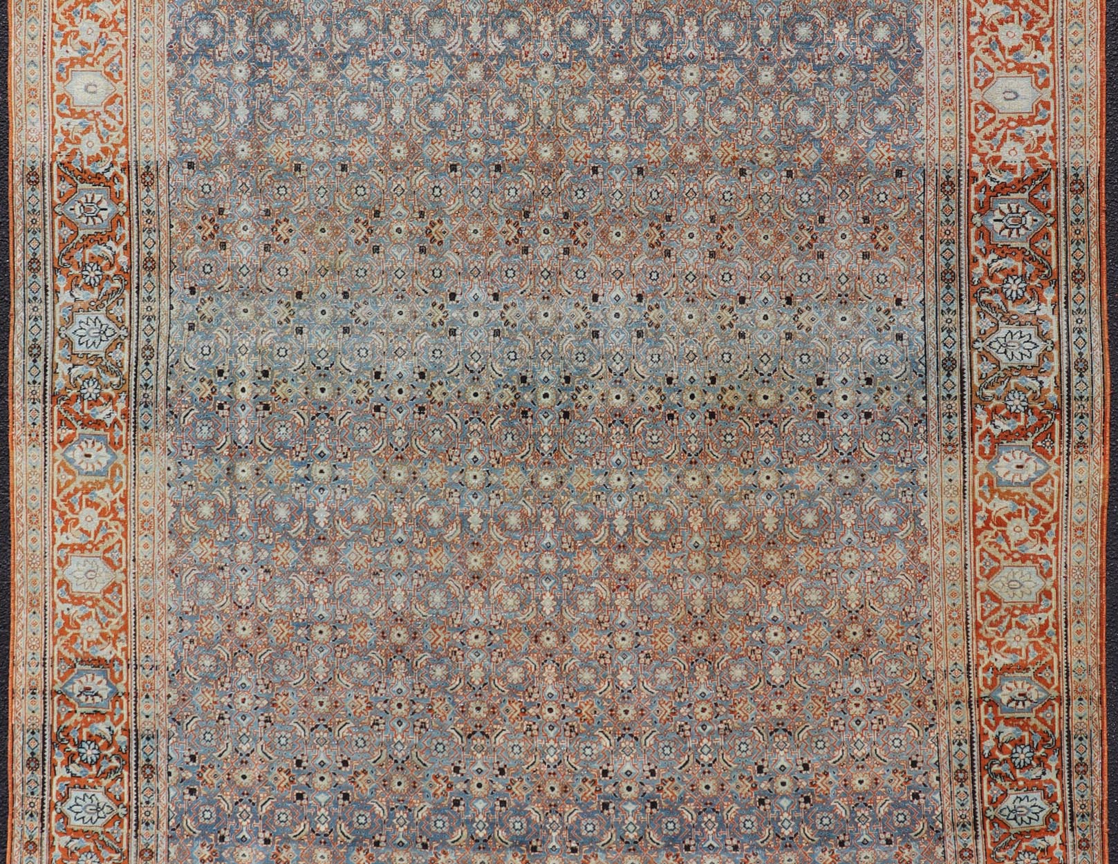 Measures: 7'5 x 11'1 Antique Persian Tabriz with Sub - Geometric Herati Design in Orange and Blue. Keivan Woven Arts/rug TU - MTU - 15161, country of origin / type: Persian / Tabriz, circa 1910s. This antique Persian Tabriz rug features an all - over, s... - Keivan Woven ArtsTU - MTU - 15161 - 22075