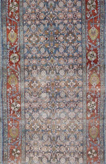 Blue, red and green antique Persian Malayer runner with geometric floral design, rug na - 160038, country of origin / type: Iran / Malayer, circa 1910 This magnificent early 20th century vintage Persian Malayer runner bears a beautiful, all - over s... - Keivan Woven ArtsTU - MTU - 160083 - 9764Rug