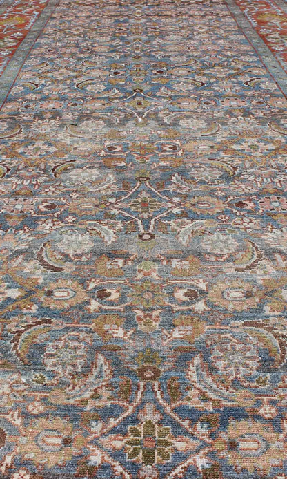 Blue, red and green antique Persian Malayer runner with geometric floral design, rug na - 160038, country of origin / type: Iran / Malayer, circa 1910 This magnificent early 20th century vintage Persian Malayer runner bears a beautiful, all - over s... - Keivan Woven ArtsTU - MTU - 160083 - 9764Rug