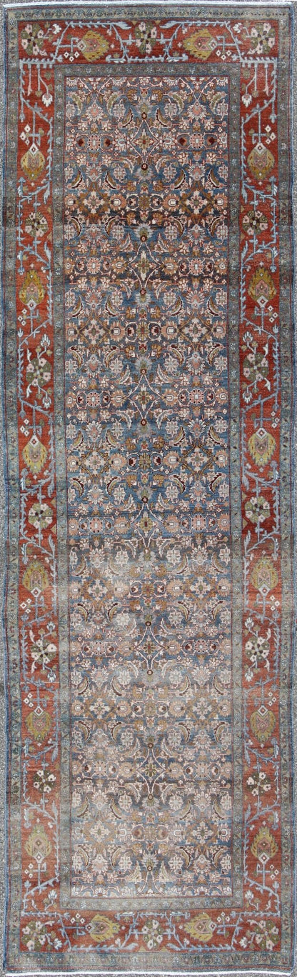 Blue, red and green antique Persian Malayer runner with geometric floral design, rug na - 160038, country of origin / type: Iran / Malayer, circa 1910 This magnificent early 20th century vintage Persian Malayer runner bears a beautiful, all - over s... - Keivan Woven ArtsTU - MTU - 160083 - 9764Rug