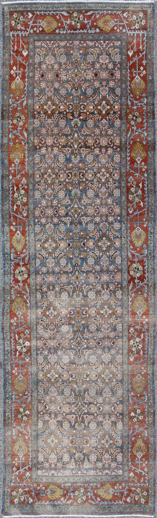 Blue, red and green antique Persian Malayer runner with geometric floral design, rug na - 160038, country of origin / type: Iran / Malayer, circa 1910 This magnificent early 20th century vintage Persian Malayer runner bears a beautiful, all - over s... - Keivan Woven ArtsTU - MTU - 160083 - 9764