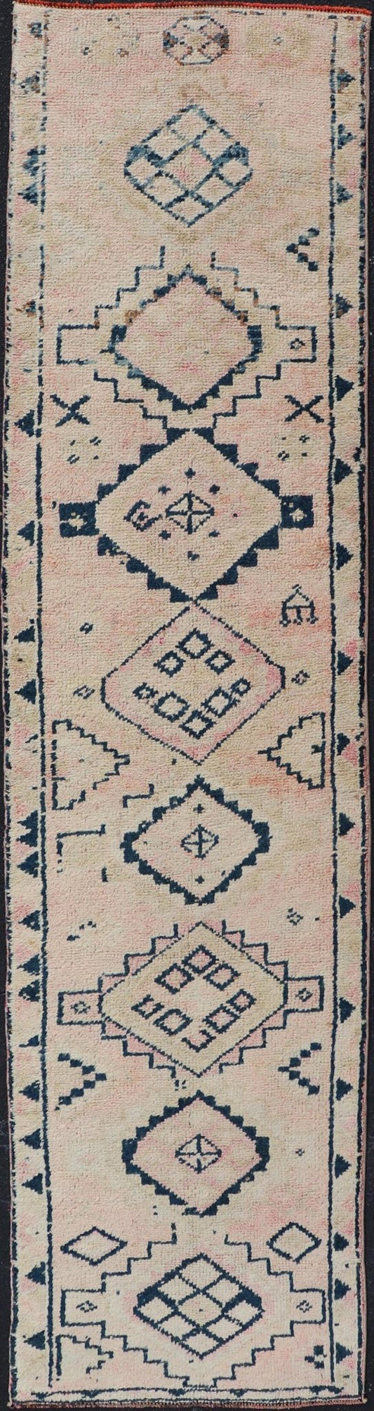 Vintage Hand Knotted Turkish Runner With Tribal Design in Muted Tones Vintage Turkish Hand Knotted Oushak runner with tribal motifs in blue and soft orange, Keivan Woven Arts / rug TU - MTU - 161, country of origin / type: Turkey / Oushak, circa 19... - Keivan Woven ArtsTU - MTU - 161 - 18944Rug