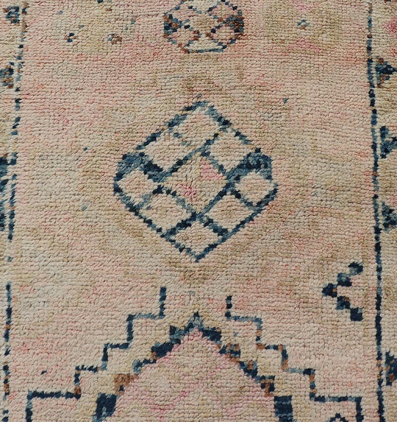 Vintage Hand Knotted Turkish Runner With Tribal Design in Muted Tones Vintage Turkish Hand Knotted Oushak runner with tribal motifs in blue and soft orange, Keivan Woven Arts / rug TU - MTU - 161, country of origin / type: Turkey / Oushak, circa 19... - Keivan Woven ArtsTU - MTU - 161 - 18944Rug