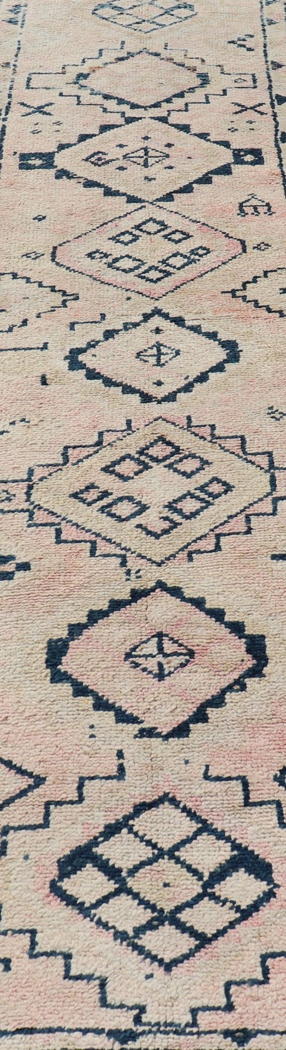 Vintage Hand Knotted Turkish Runner With Tribal Design in Muted Tones Vintage Turkish Hand Knotted Oushak runner with tribal motifs in blue and soft orange, Keivan Woven Arts / rug TU - MTU - 161, country of origin / type: Turkey / Oushak, circa 19... - Keivan Woven ArtsTU - MTU - 161 - 18944Rug