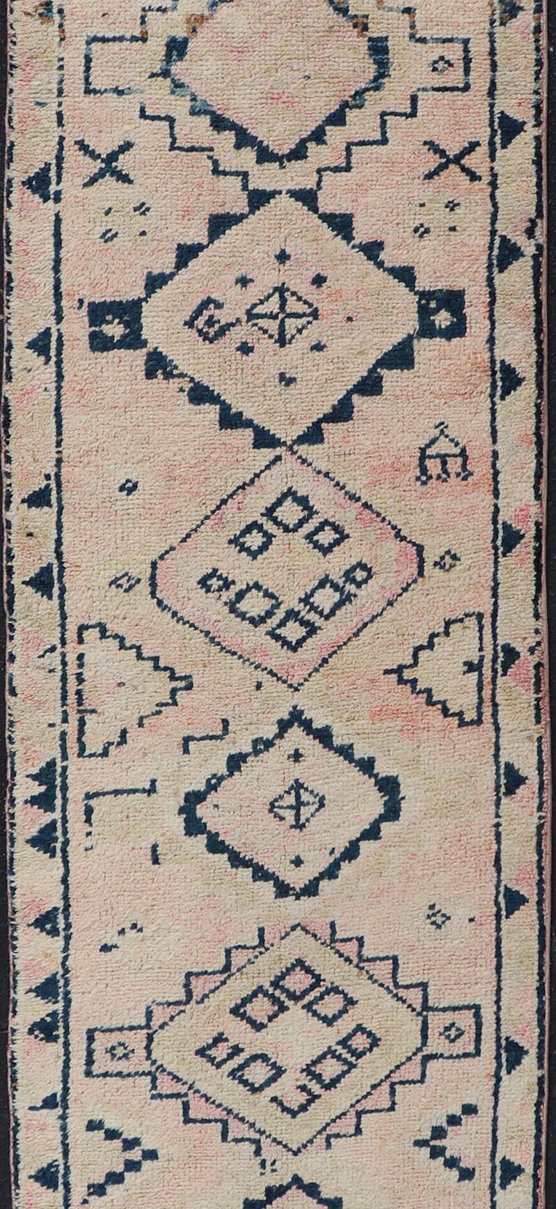 Vintage Hand Knotted Turkish Runner With Tribal Design in Muted Tones Vintage Turkish Hand Knotted Oushak runner with tribal motifs in blue and soft orange, Keivan Woven Arts / rug TU - MTU - 161, country of origin / type: Turkey / Oushak, circa 19... - Keivan Woven ArtsTU - MTU - 161 - 18944Rug