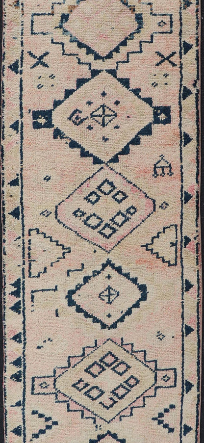Vintage Hand Knotted Turkish Runner With Tribal Design in Muted Tones Vintage Turkish Hand Knotted Oushak runner with tribal motifs in blue and soft orange, Keivan Woven Arts / rug TU - MTU - 161, country of origin / type: Turkey / Oushak, circa 19... - Keivan Woven ArtsTU - MTU - 161 - 18944Rug