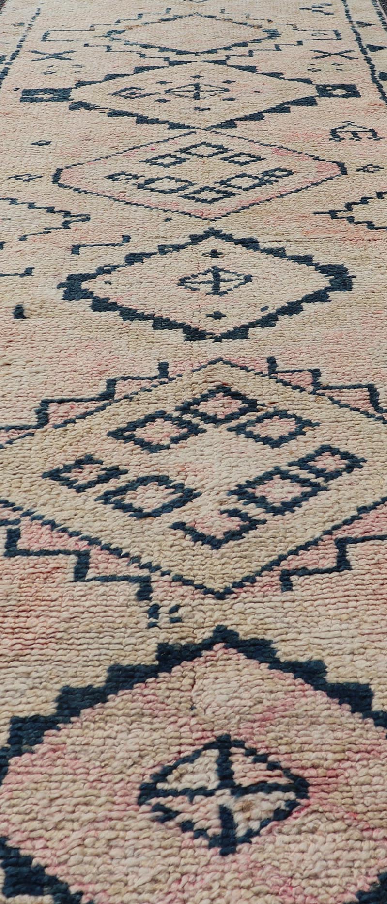 Vintage Hand Knotted Turkish Runner With Tribal Design in Muted Tones Vintage Turkish Hand Knotted Oushak runner with tribal motifs in blue and soft orange, Keivan Woven Arts / rug TU - MTU - 161, country of origin / type: Turkey / Oushak, circa 19... - Keivan Woven ArtsTU - MTU - 161 - 18944Rug