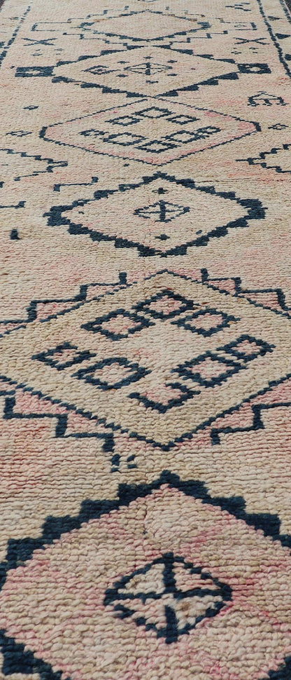 Vintage Hand Knotted Turkish Runner With Tribal Design in Muted Tones Vintage Turkish Hand Knotted Oushak runner with tribal motifs in blue and soft orange, Keivan Woven Arts / rug TU - MTU - 161, country of origin / type: Turkey / Oushak, circa 19... - Keivan Woven ArtsTU - MTU - 161 - 18944Rug