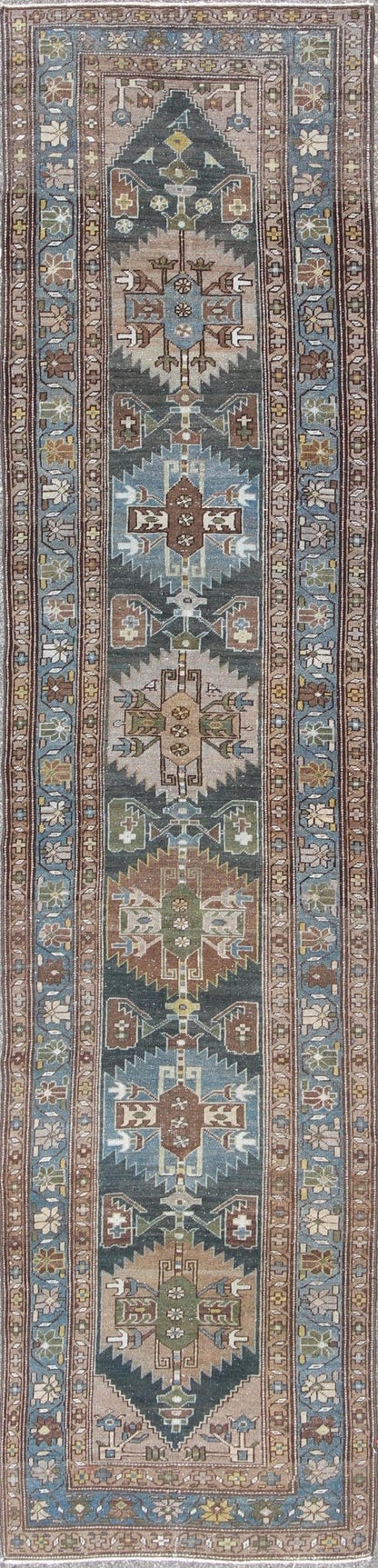 Tribal medallion antique Persian Hamedan runner in tan, taupe, and blue tones, rug na - 170118, country of origin / type: Iran / Hamedan, circa 1920 This antique Persian Hamedan gallery rug (circa early 20th century) features a unique blend of col... - Keivan Woven ArtsTU - MTU - 170118 - 9768