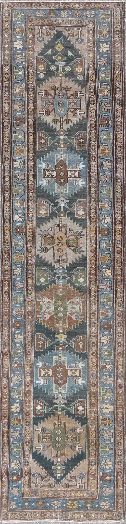 Tribal medallion antique Persian Hamedan runner in tan, taupe, and blue tones, rug na - 170118, country of origin / type: Iran / Hamedan, circa 1920 This antique Persian Hamedan gallery rug (circa early 20th century) features a unique blend of col... - Keivan Woven ArtsTU - MTU - 170118 - 9768
