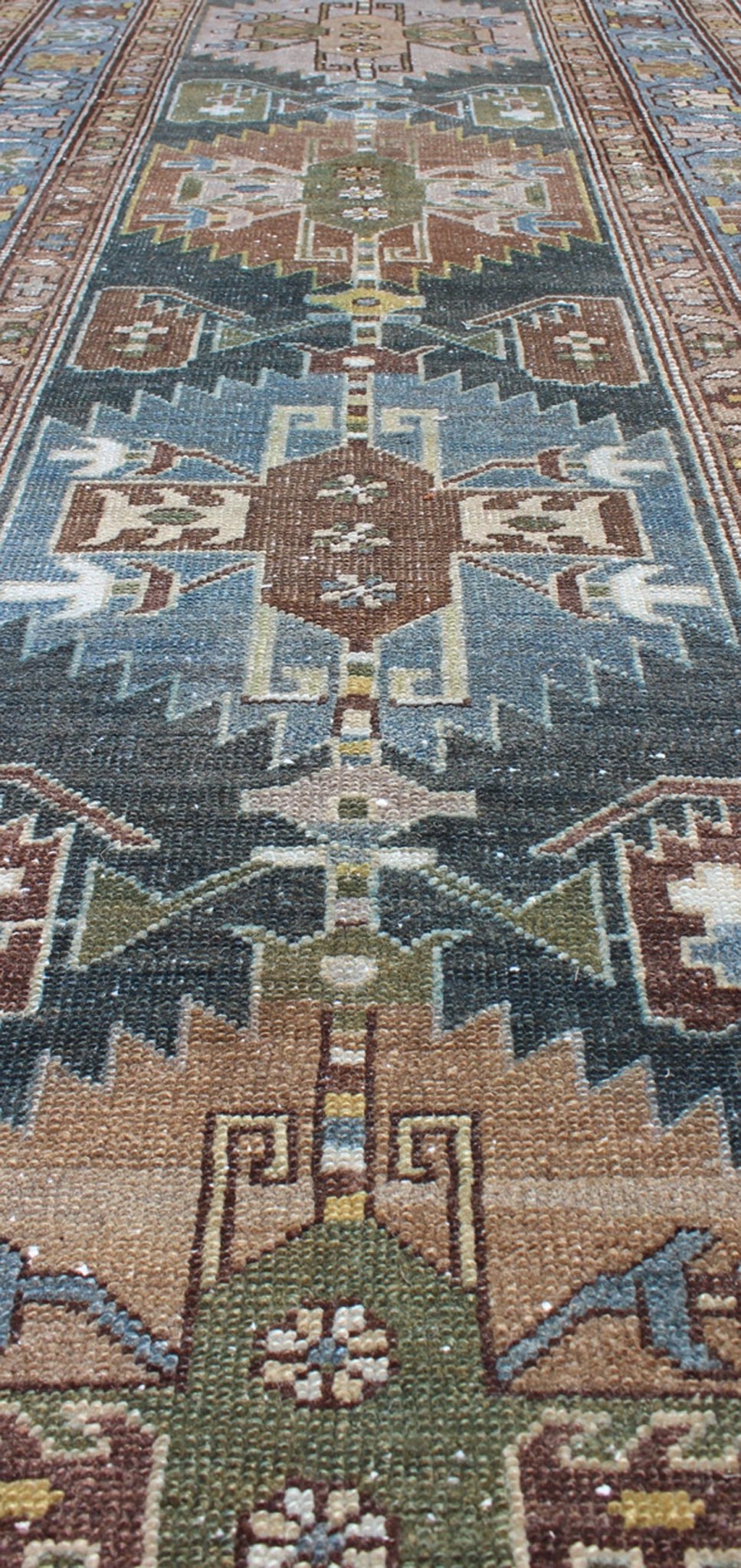 Tribal medallion antique Persian Hamedan runner in tan, taupe, and blue tones, rug na - 170118, country of origin / type: Iran / Hamedan, circa 1920 This antique Persian Hamedan gallery rug (circa early 20th century) features a unique blend of col... - Keivan Woven ArtsTU - MTU - 170118 - 9768