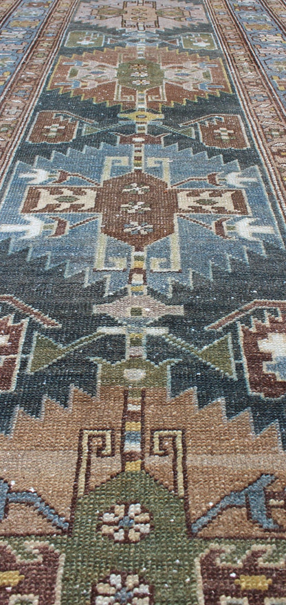 Tribal medallion antique Persian Hamedan runner in tan, taupe, and blue tones, rug na - 170118, country of origin / type: Iran / Hamedan, circa 1920 This antique Persian Hamedan gallery rug (circa early 20th century) features a unique blend of col... - Keivan Woven ArtsTU - MTU - 170118 - 9768