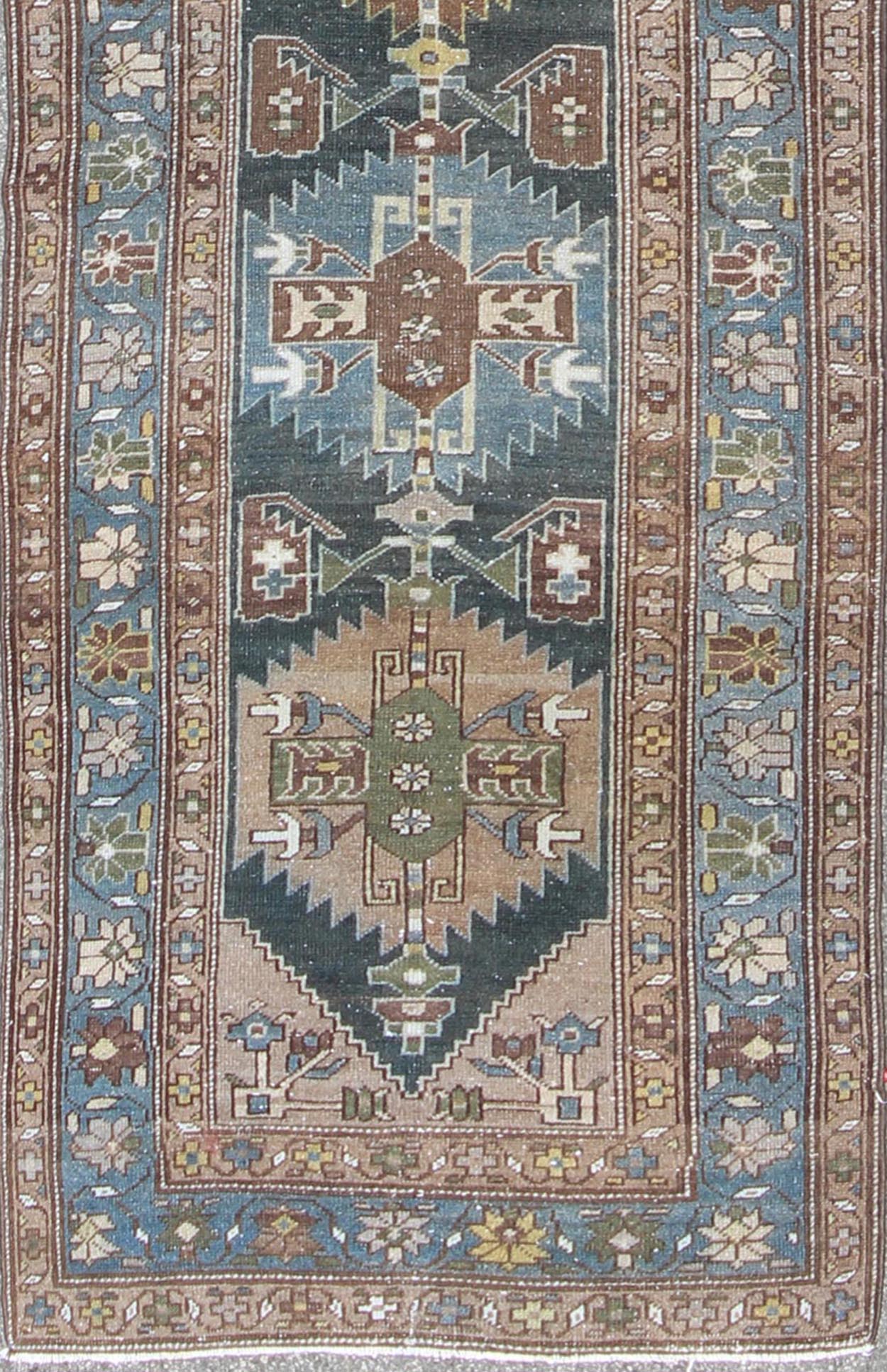 Tribal medallion antique Persian Hamedan runner in tan, taupe, and blue tones, rug na - 170118, country of origin / type: Iran / Hamedan, circa 1920 This antique Persian Hamedan gallery rug (circa early 20th century) features a unique blend of col... - Keivan Woven ArtsTU - MTU - 170118 - 9768