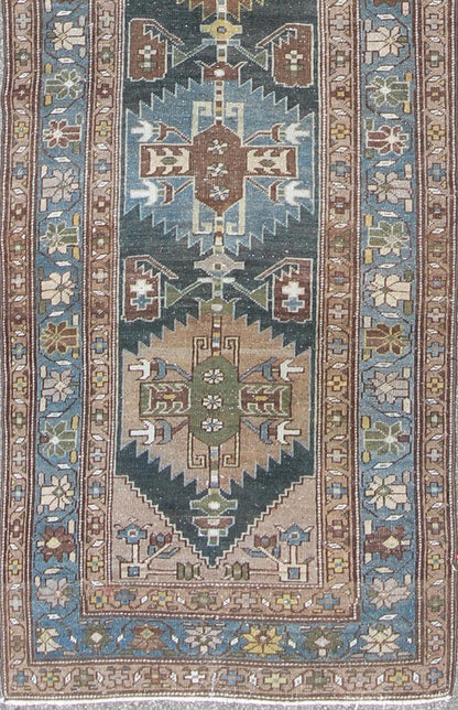 Tribal medallion antique Persian Hamedan runner in tan, taupe, and blue tones, rug na - 170118, country of origin / type: Iran / Hamedan, circa 1920 This antique Persian Hamedan gallery rug (circa early 20th century) features a unique blend of col... - Keivan Woven ArtsTU - MTU - 170118 - 9768