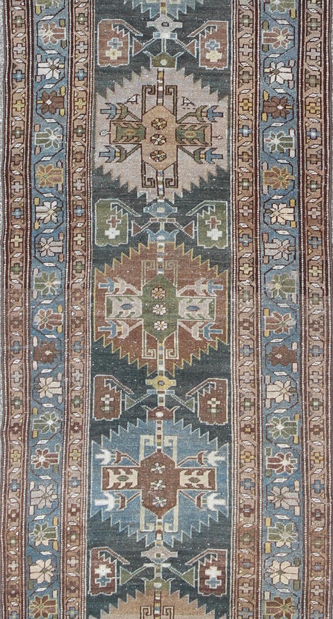 Tribal medallion antique Persian Hamedan runner in tan, taupe, and blue tones, rug na - 170118, country of origin / type: Iran / Hamedan, circa 1920 This antique Persian Hamedan gallery rug (circa early 20th century) features a unique blend of col... - Keivan Woven ArtsTU - MTU - 170118 - 9768