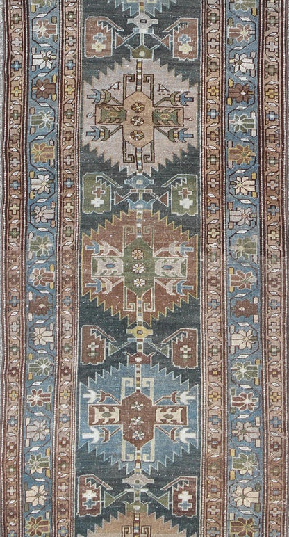 Tribal medallion antique Persian Hamedan runner in tan, taupe, and blue tones, rug na - 170118, country of origin / type: Iran / Hamedan, circa 1920 This antique Persian Hamedan gallery rug (circa early 20th century) features a unique blend of col... - Keivan Woven ArtsTU - MTU - 170118 - 9768