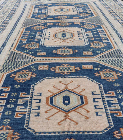 Blue and Cream Turkish Oushak Rug Vintage with Three Medallion Design Vintage Hand Knotted Turkish Oushak carpet with medallion design in cream, blue, and green. Keivan Woven Arts / rug TU - MTU - 171, country of origin / type: Turkey / Oushak, circ... - Keivan Woven ArtsTU - MTU - 171 - 19148Rug