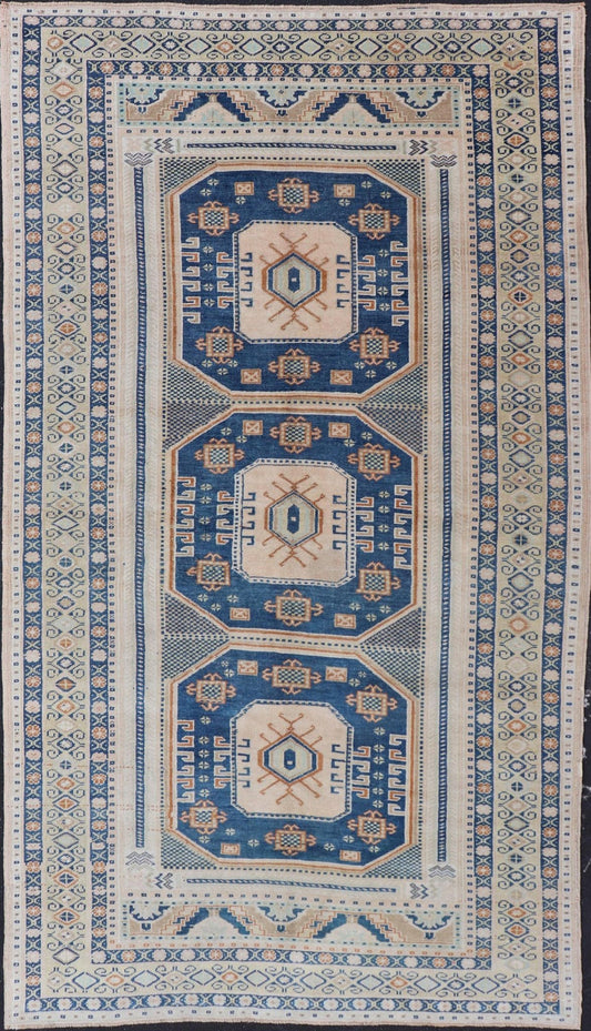 Blue and Cream Turkish Oushak Rug Vintage with Three Medallion Design Vintage Hand Knotted Turkish Oushak carpet with medallion design in cream, blue, and green. Keivan Woven Arts / rug TU - MTU - 171, country of origin / type: Turkey / Oushak, circ... - Keivan Woven ArtsTU - MTU - 171 - 19148