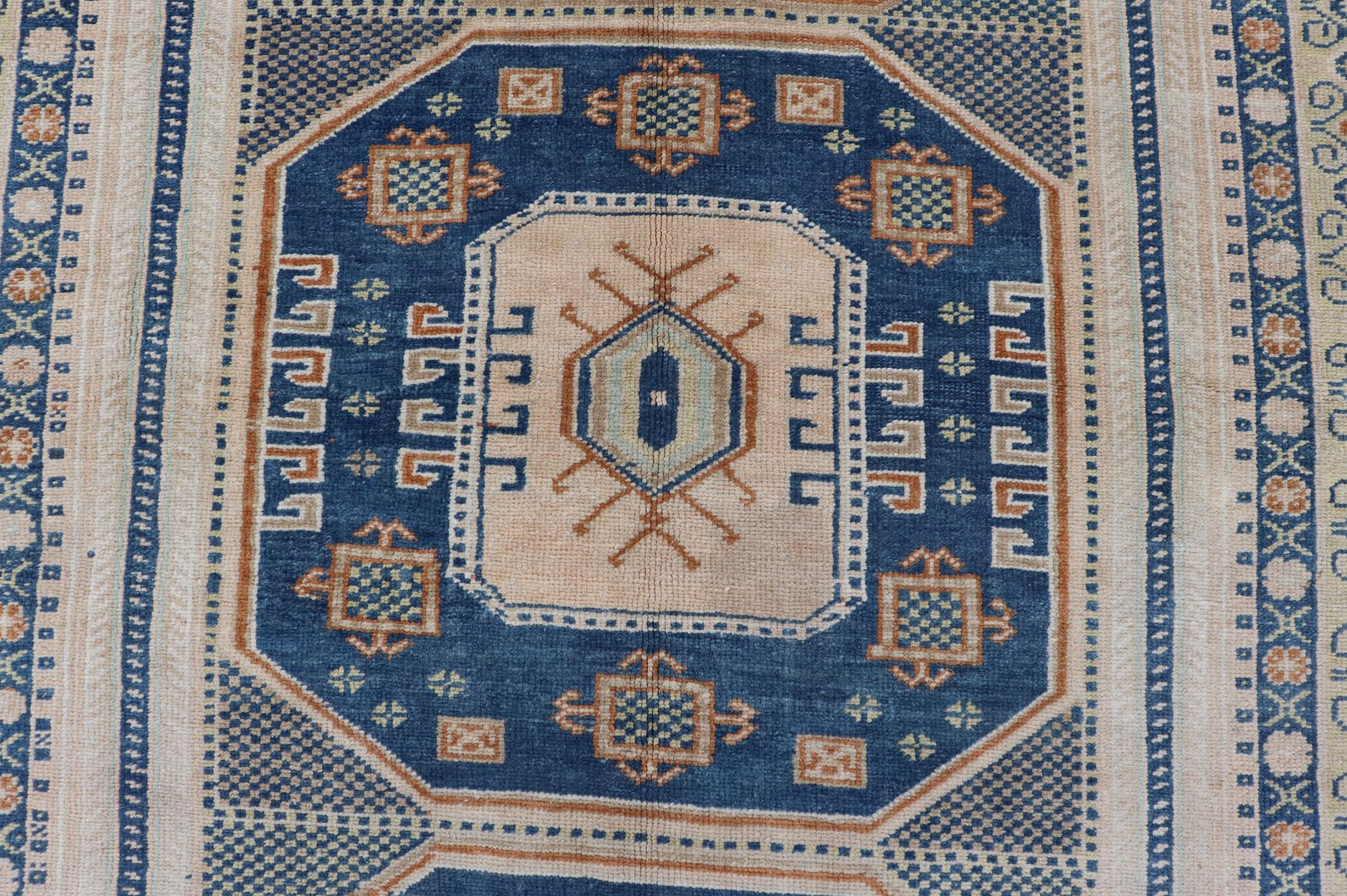 Blue and Cream Turkish Oushak Rug Vintage with Three Medallion Design Vintage Hand Knotted Turkish Oushak carpet with medallion design in cream, blue, and green. Keivan Woven Arts / rug TU - MTU - 171, country of origin / type: Turkey / Oushak, circ... - Keivan Woven ArtsTU - MTU - 171 - 19148Rug