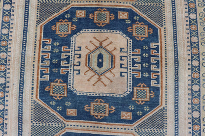 Blue and Cream Turkish Oushak Rug Vintage with Three Medallion Design Vintage Hand Knotted Turkish Oushak carpet with medallion design in cream, blue, and green. Keivan Woven Arts / rug TU - MTU - 171, country of origin / type: Turkey / Oushak, circ... - Keivan Woven ArtsTU - MTU - 171 - 19148Rug