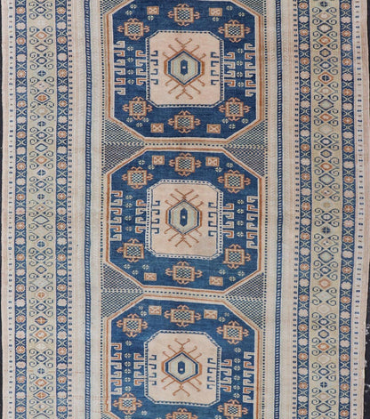 Blue and Cream Turkish Oushak Rug Vintage with Three Medallion Design Vintage Hand Knotted Turkish Oushak carpet with medallion design in cream, blue, and green. Keivan Woven Arts / rug TU - MTU - 171, country of origin / type: Turkey / Oushak, circ... - Keivan Woven ArtsTU - MTU - 171 - 19148Rug