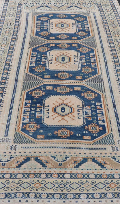 Blue and Cream Turkish Oushak Rug Vintage with Three Medallion Design Vintage Hand Knotted Turkish Oushak carpet with medallion design in cream, blue, and green. Keivan Woven Arts / rug TU - MTU - 171, country of origin / type: Turkey / Oushak, circ... - Keivan Woven ArtsTU - MTU - 171 - 19148Rug