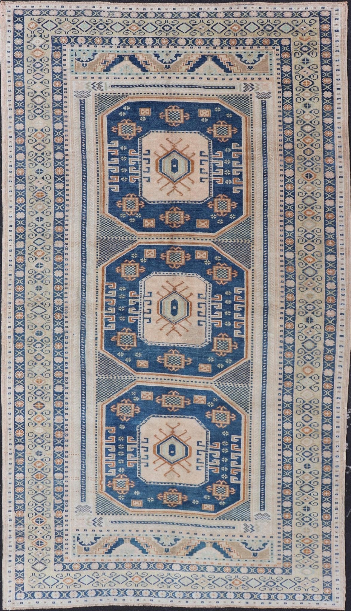 Blue and Cream Turkish Oushak Rug Vintage with Three Medallion Design Vintage Hand Knotted Turkish Oushak carpet with medallion design in cream, blue, and green. Keivan Woven Arts / rug TU - MTU - 171, country of origin / type: Turkey / Oushak, circ... - Keivan Woven ArtsTU - MTU - 171 - 19148Rug