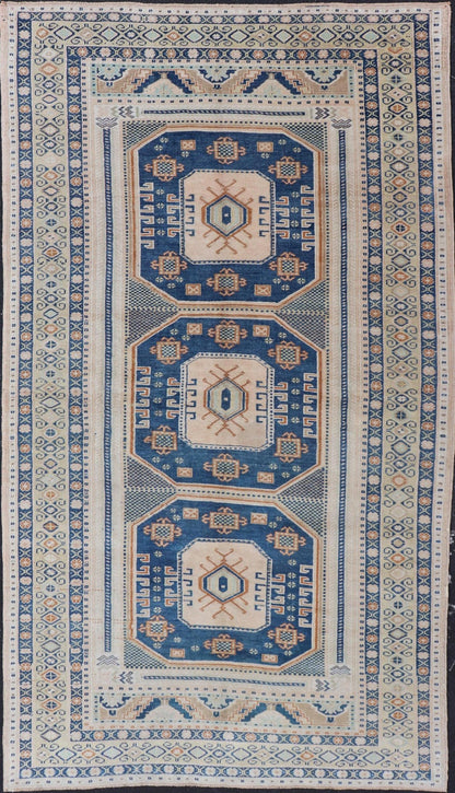 Blue and Cream Turkish Oushak Rug Vintage with Three Medallion Design Vintage Hand Knotted Turkish Oushak carpet with medallion design in cream, blue, and green. Keivan Woven Arts / rug TU - MTU - 171, country of origin / type: Turkey / Oushak, circ... - Keivan Woven ArtsTU - MTU - 171 - 19148Rug