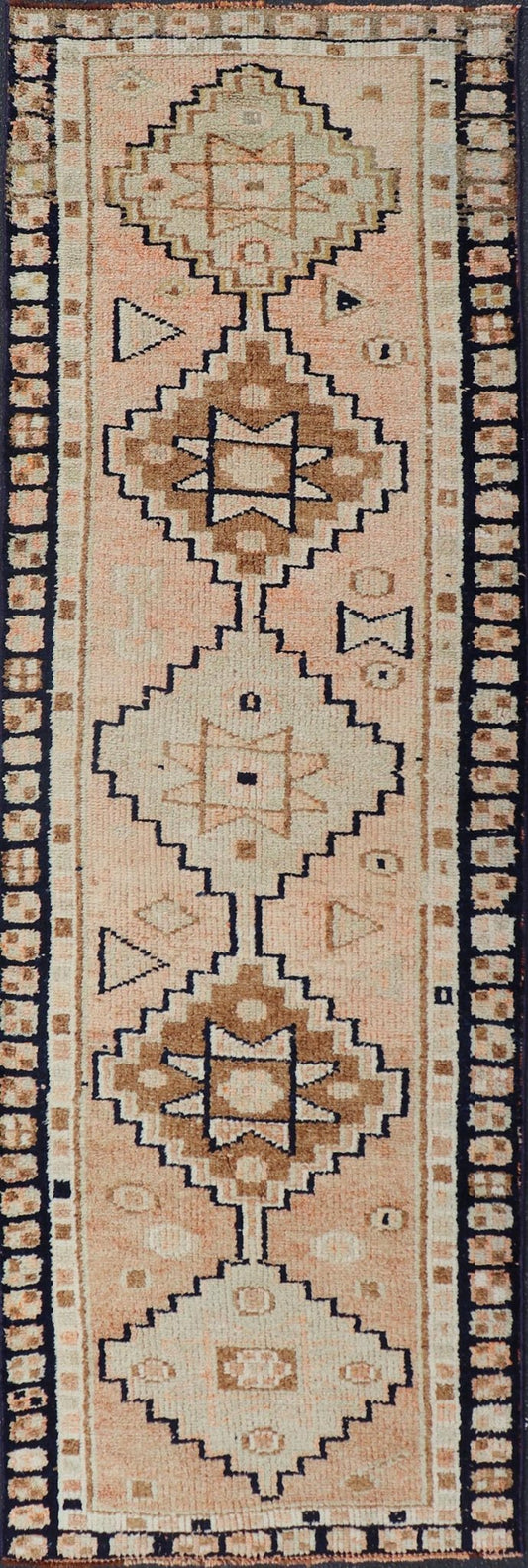 Vintage Turkish Oushak Runner with Medallion Design Outlined in Navy Blue Multi - Toned Medallion Vintage Turkish Oushak runner carpet, Keivan Woven Arts / rug TU - MTU - 181, country of origin / type: Turkey / Oushak, circa 1960 Measures: 2'1... - Keivan Woven ArtsTU - MTU - 181 - 19154Rug