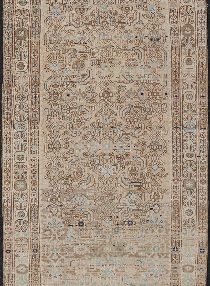 Antique Persian Hamedan Runner with Sub - Geometric Tribal Design Measures: 3'3 x 9'0 This antique Persian Hamadan features a light neutral palette with light blue accents. The field and border share a light cream - camel color with accen... - Keivan Woven ArtsTU - MTU - 212 - 19160