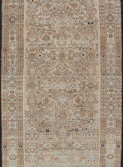 Antique Persian Hamedan Runner with Sub - Geometric Tribal Design Measures: 3'3 x 9'0 This antique Persian Hamadan features a light neutral palette with light blue accents. The field and border share a light cream - camel color with accen... - Keivan Woven ArtsTU - MTU - 212 - 19160