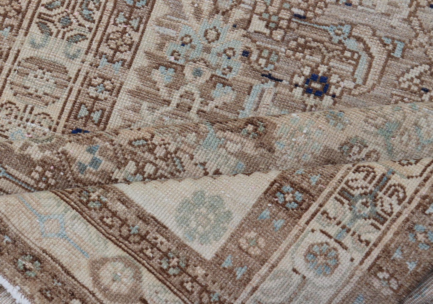 Antique Persian Hamedan Runner with Sub - Geometric Tribal Design Measures: 3'3 x 9'0 This antique Persian Hamadan features a light neutral palette with light blue accents. The field and border share a light cream - camel color with accen... - Keivan Woven ArtsTU - MTU - 212 - 19160