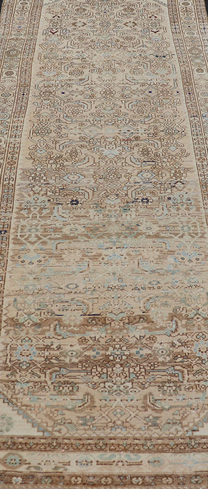 Antique Persian Hamedan Runner with Sub - Geometric Tribal Design Measures: 3'3 x 9'0 This antique Persian Hamadan features a light neutral palette with light blue accents. The field and border share a light cream - camel color with accen... - Keivan Woven ArtsTU - MTU - 212 - 19160