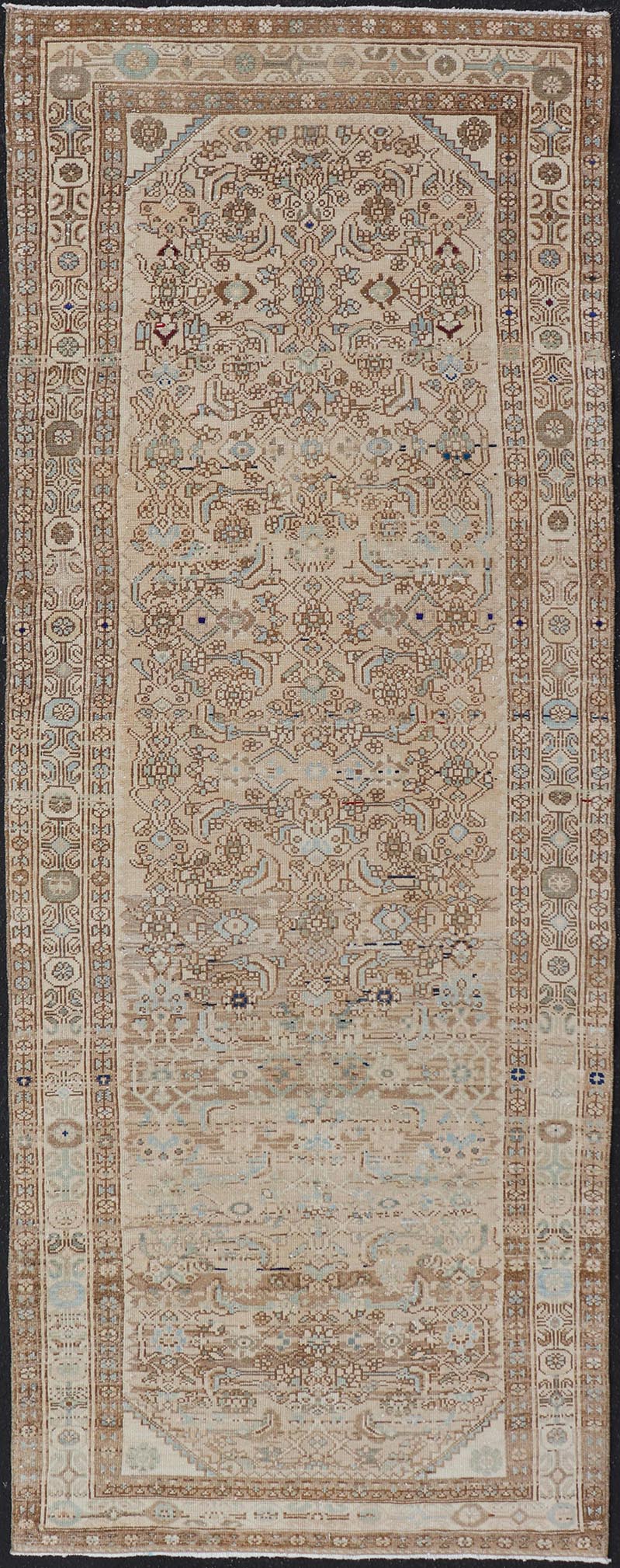 Antique Persian Hamedan Runner with Sub - Geometric Tribal Design Measures: 3'3 x 9'0 This antique Persian Hamadan features a light neutral palette with light blue accents. The field and border share a light cream - camel color with accen... - Keivan Woven ArtsTU - MTU - 212 - 19160