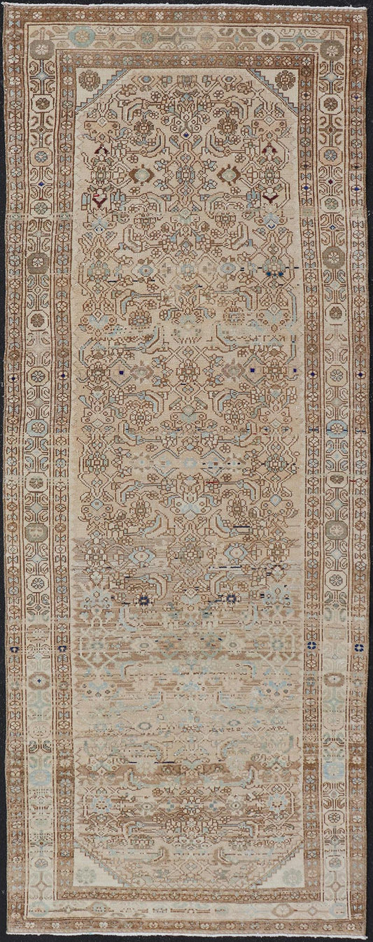 Antique Persian Hamedan Runner with Sub - Geometric Tribal Design Measures: 3'3 x 9'0 This antique Persian Hamadan features a light neutral palette with light blue accents. The field and border share a light cream - camel color with accen... - Keivan Woven ArtsTU - MTU - 212 - 19160