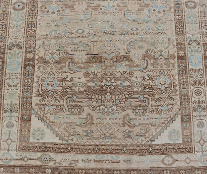 Antique Persian Hamedan Runner with Sub - Geometric Tribal Design Measures: 3'3 x 9'0 This antique Persian Hamadan features a light neutral palette with light blue accents. The field and border share a light cream - camel color with accen... - Keivan Woven ArtsTU - MTU - 212 - 19160