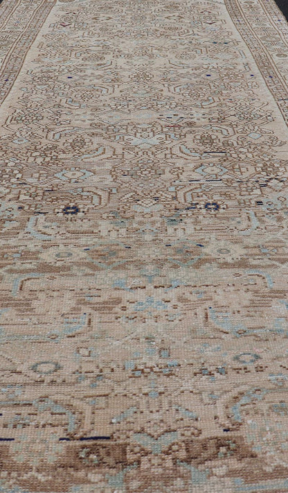 Antique Persian Hamedan Runner with Sub - Geometric Tribal Design Measures: 3'3 x 9'0 This antique Persian Hamadan features a light neutral palette with light blue accents. The field and border share a light cream - camel color with accen... - Keivan Woven ArtsTU - MTU - 212 - 19160Rug