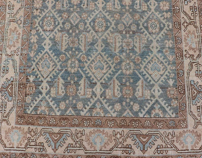 Antique Hand Knotted Persian Malayer Long Runner with Sub Geometric Motifs Geometric design Persian antique Malayer runner in blue, cream, and brown Keivan Woven Arts / rug/TU - MTU - 214, country of origin / type: Iran / Malayer, circa 1920 ... - Keivan Woven ArtsTU - MTU - 214 - 19166
