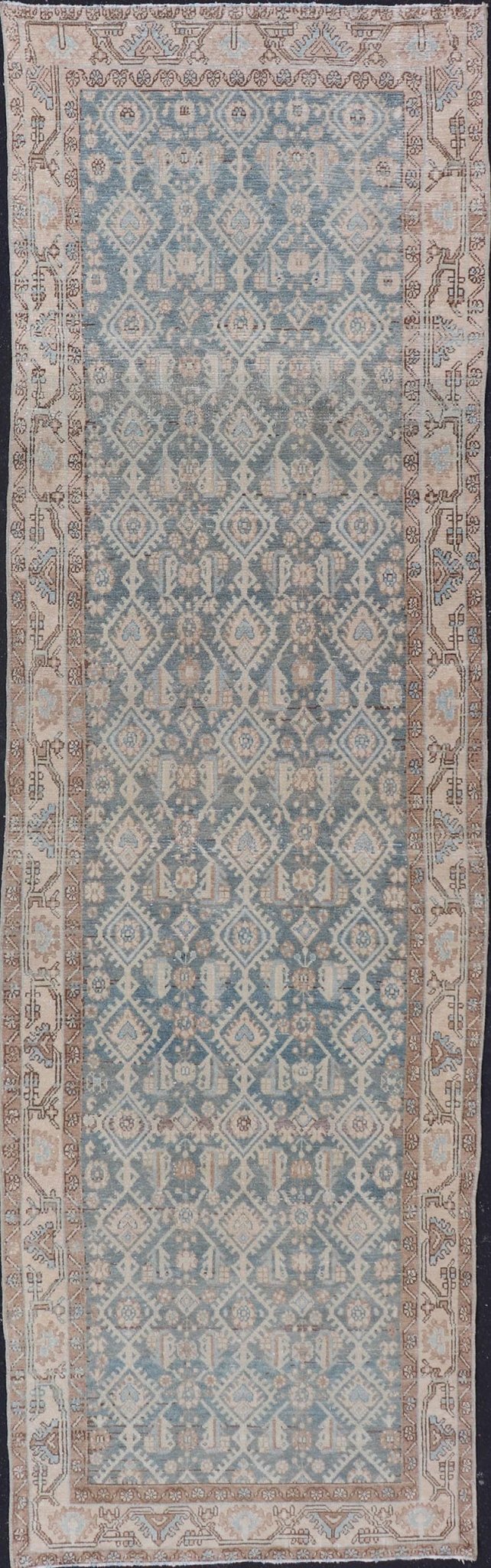 Antique Hand Knotted Persian Malayer Long Runner with Sub Geometric Motifs Geometric design Persian antique Malayer runner in blue, cream, and brown Keivan Woven Arts / rug/TU - MTU - 214, country of origin / type: Iran / Malayer, circa 1920 ... - Keivan Woven ArtsTU - MTU - 214 - 19166