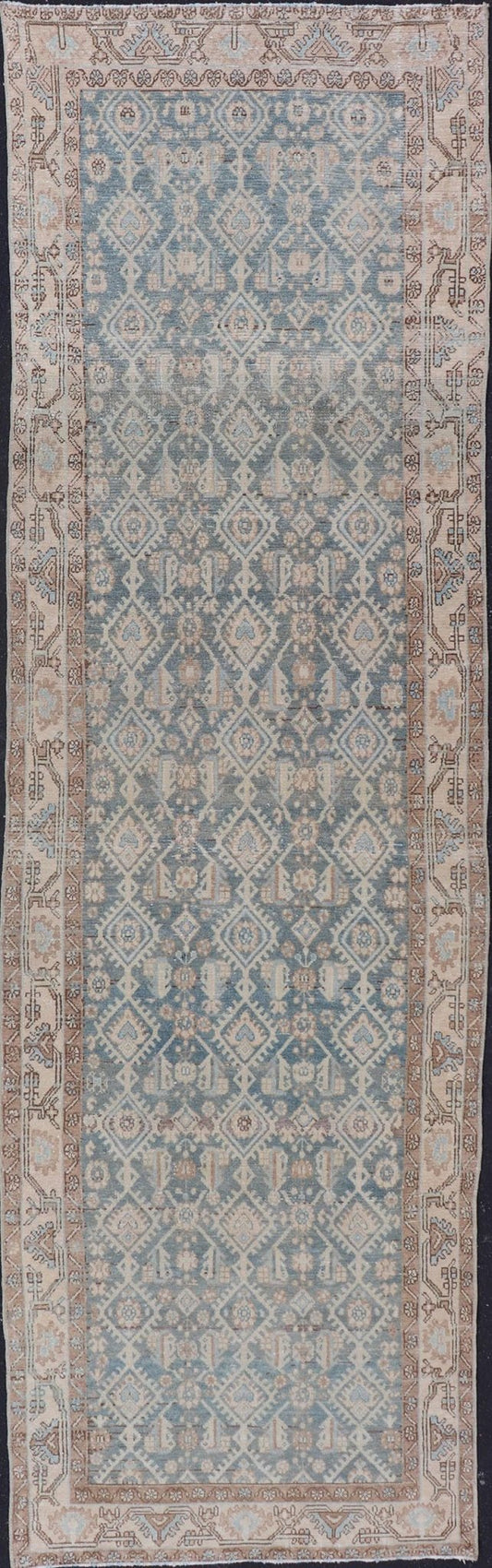 Antique Hand Knotted Persian Malayer Long Runner with Sub Geometric Motifs Geometric design Persian antique Malayer runner in blue, cream, and brown Keivan Woven Arts / rug/TU - MTU - 214, country of origin / type: Iran / Malayer, circa 1920 ... - Keivan Woven ArtsTU - MTU - 214 - 19166