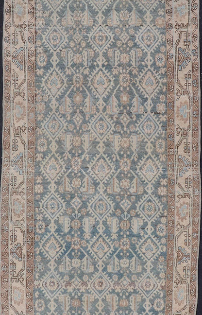 Antique Hand Knotted Persian Malayer Long Runner with Sub Geometric Motifs Geometric design Persian antique Malayer runner in blue, cream, and brown Keivan Woven Arts / rug/TU - MTU - 214, country of origin / type: Iran / Malayer, circa 1920 ... - Keivan Woven ArtsTU - MTU - 214 - 19166