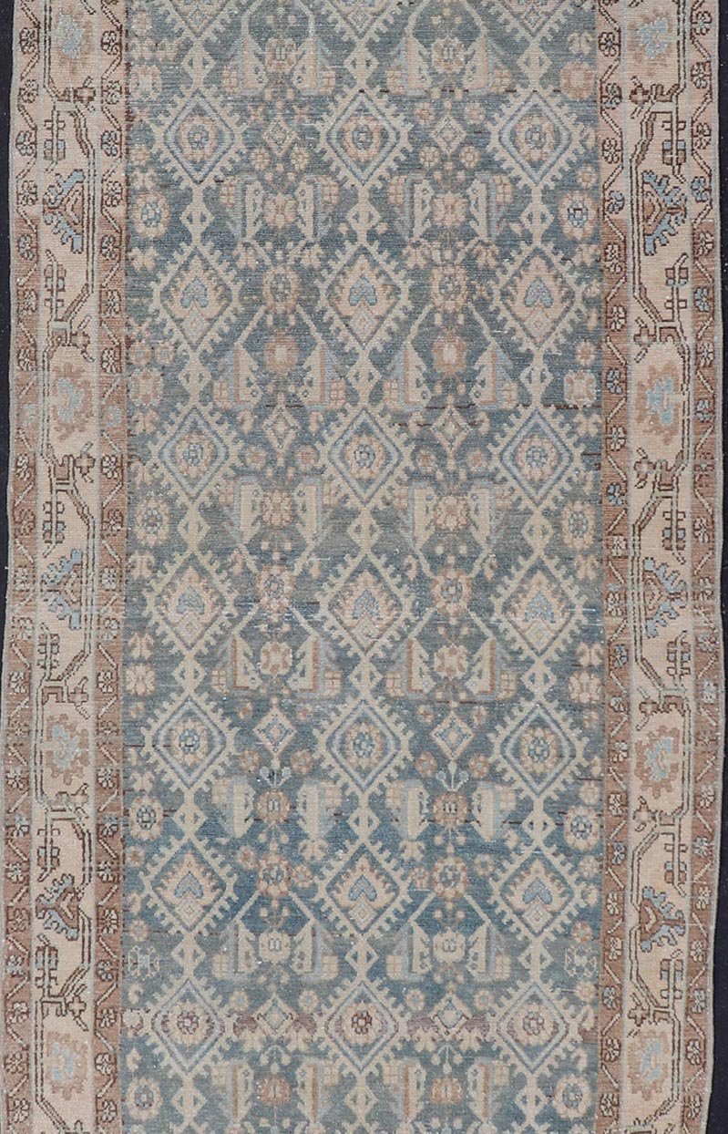 Antique Hand Knotted Persian Malayer Long Runner with Sub Geometric Motifs Geometric design Persian antique Malayer runner in blue, cream, and brown Keivan Woven Arts / rug/TU - MTU - 214, country of origin / type: Iran / Malayer, circa 1920 ... - Keivan Woven ArtsTU - MTU - 214 - 19166Rug