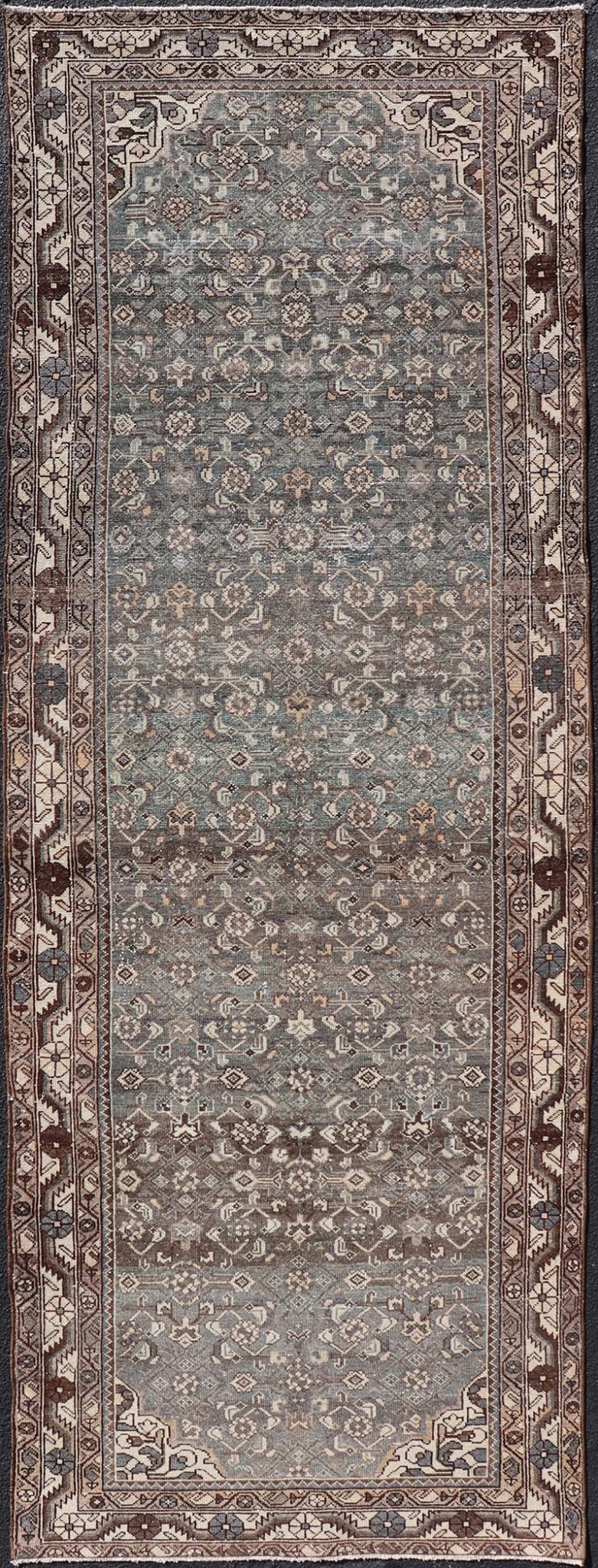 Antique Persian Malayer Runner with All Over Herati Design in Blue and Brown Measures 3'6 x 10'3 This antique Persian Malayer displays the classic Herati design, however this one - of - a - kind piece features a crisp borer in bright cream t... - Keivan Woven ArtsTU - MTU - 215 - 18643Rug