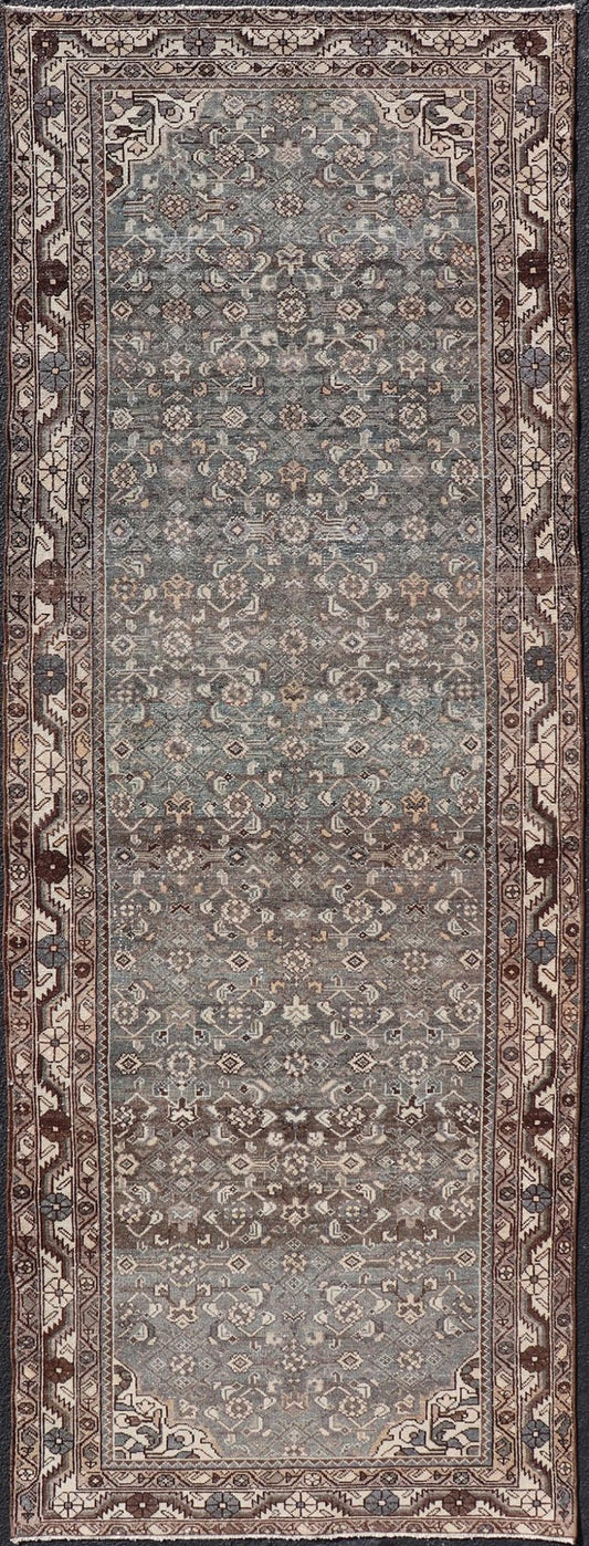 Antique Persian Malayer Runner with All Over Herati Design in Blue and Brown Measures 3'6 x 10'3 This antique Persian Malayer displays the classic Herati design, however this one - of - a - kind piece features a crisp borer in bright cream t... - Keivan Woven ArtsTU - MTU - 215 - 18643Rug