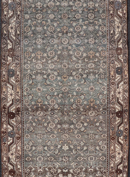 Antique Persian Malayer Runner with All Over Herati Design in Blue and Brown Measures 3'6 x 10'3 This antique Persian Malayer displays the classic Herati design, however this one - of - a - kind piece features a crisp borer in bright cream t... - Keivan Woven ArtsTU - MTU - 215 - 18643Rug