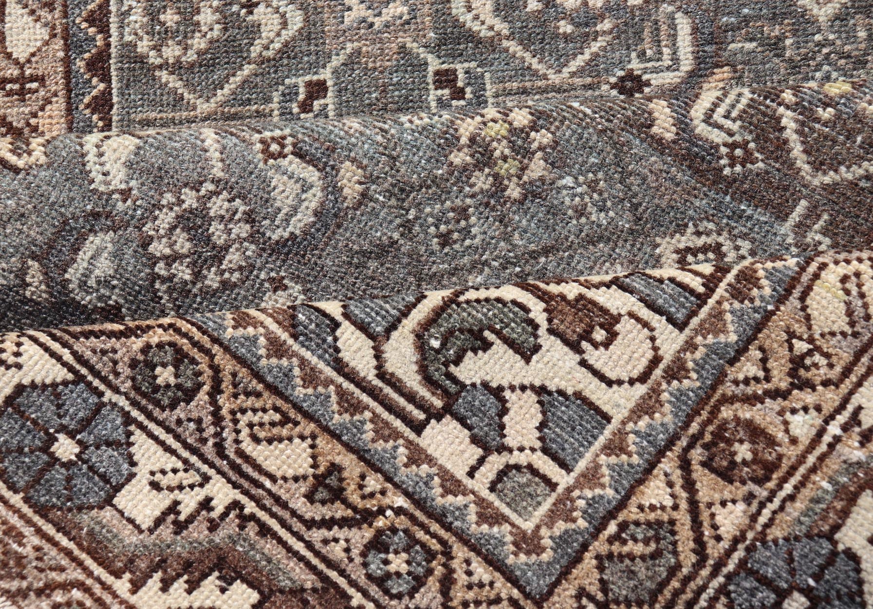 Antique Persian Malayer Runner with All Over Herati Design in Blue and Brown Measures 3'6 x 10'3 This antique Persian Malayer displays the classic Herati design, however this one - of - a - kind piece features a crisp borer in bright cream t... - Keivan Woven ArtsTU - MTU - 215 - 18643Rug