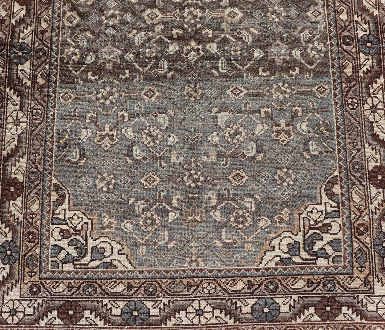Antique Persian Malayer Runner with All Over Herati Design in Blue and Brown Measures 3'6 x 10'3 This antique Persian Malayer displays the classic Herati design, however this one - of - a - kind piece features a crisp borer in bright cream t... - Keivan Woven ArtsTU - MTU - 215 - 18643Rug