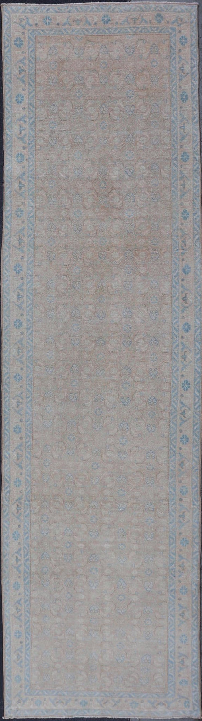 Antique Hand Knotted Persian Mahal Long Runner With Sub Geometric Motifs Geometric hand knotted Persian antique Malayer runner in blue, cream, and brown. Keivan Woven Arts / rug/TU - MTU - 234, country of origin / type: Iran / Mahal, circa 1920 M... - Keivan Woven ArtsTU - MTU - 234 - 15737Rug