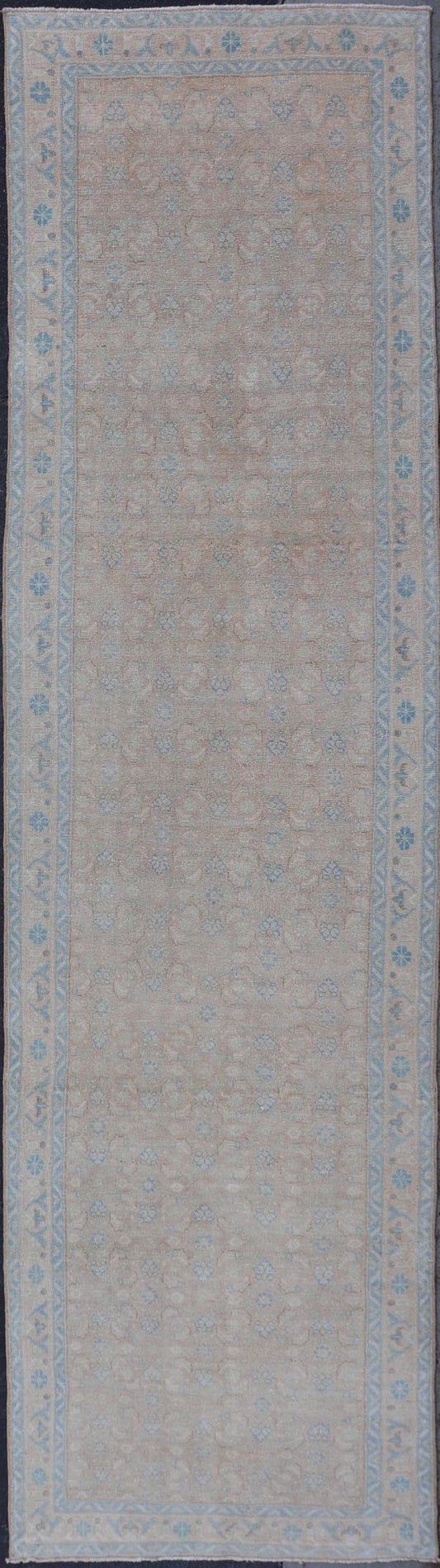 Antique Hand Knotted Persian Mahal Long Runner With Sub Geometric Motifs Geometric hand knotted Persian antique Malayer runner in blue, cream, and brown. Keivan Woven Arts / rug/TU - MTU - 234, country of origin / type: Iran / Mahal, circa 1920 M... - Keivan Woven ArtsTU - MTU - 234 - 15737Rug